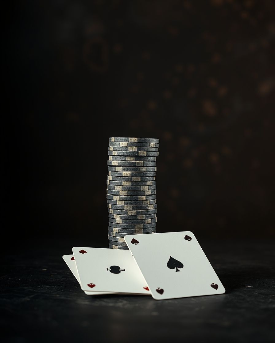 A tower of casino chips beside two face-down playing cards on dark stone
