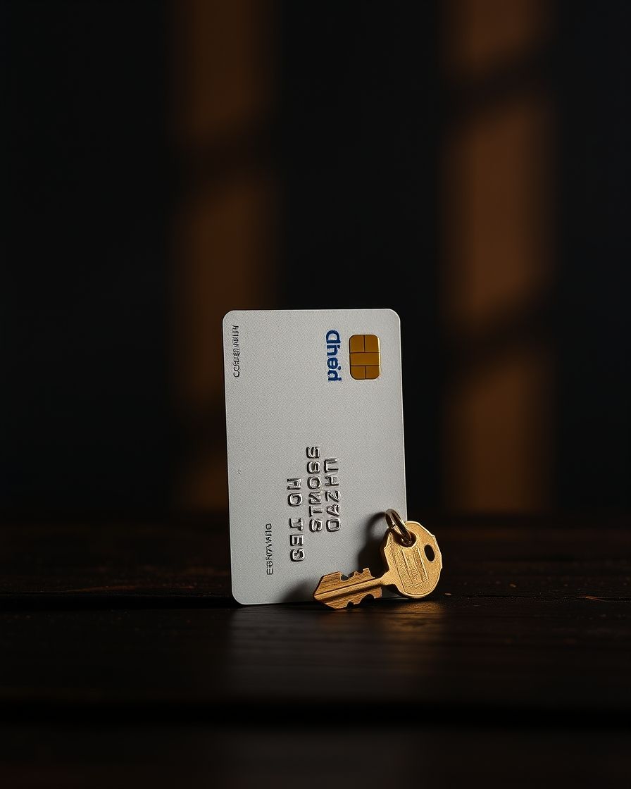 A plain bank card and a small brass key resting on dark oiled wood