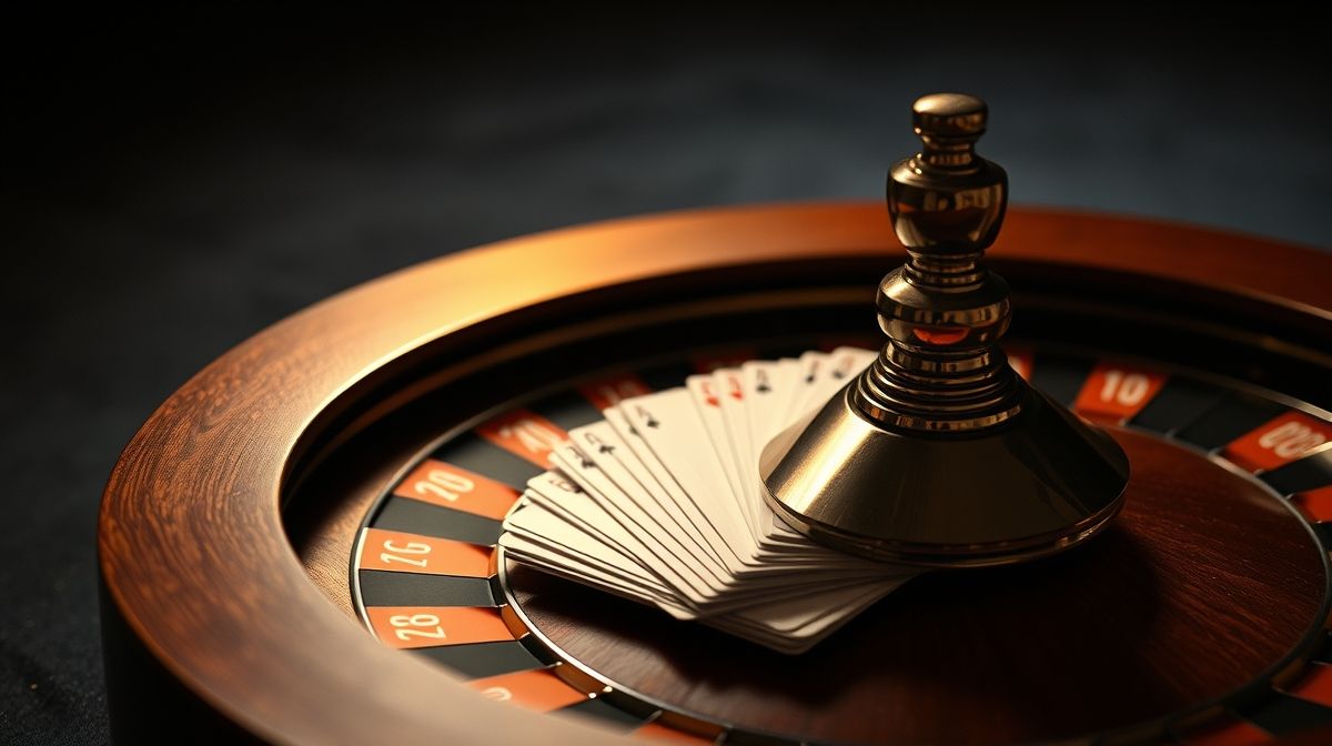 The polished rim of a roulette wheel beside a fan of playing cards on dark graphite