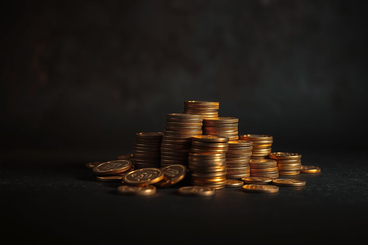 Gold coins and casino chips rising in uneven tiers under a single amber light
